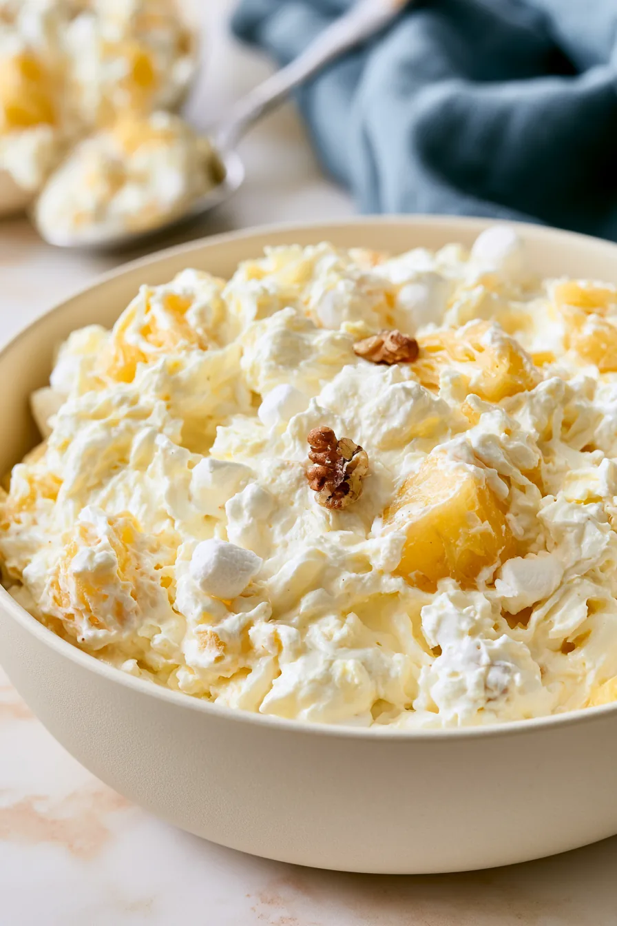 Close-up of creamy pineapple fluff with pineapple pieces and pecans