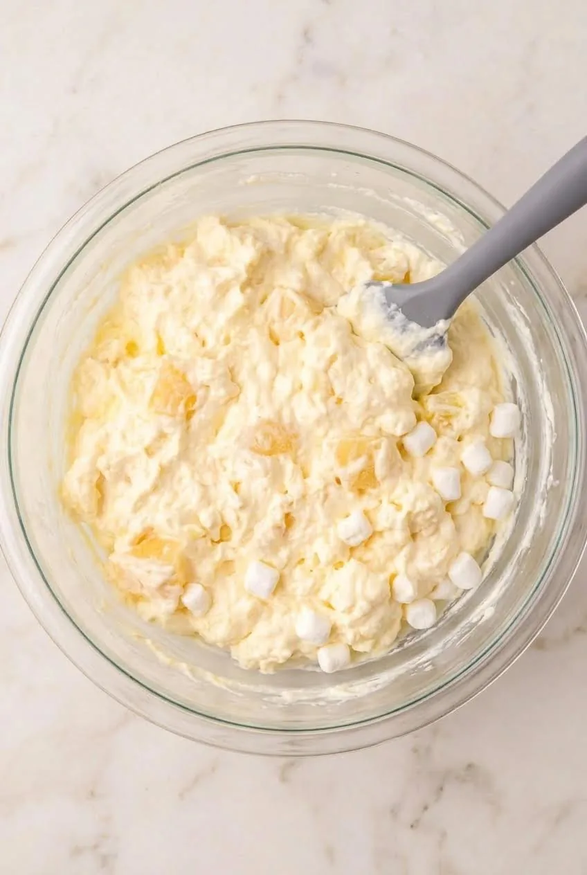 Creamy pineapple fluff being mixed in a glass bowl
