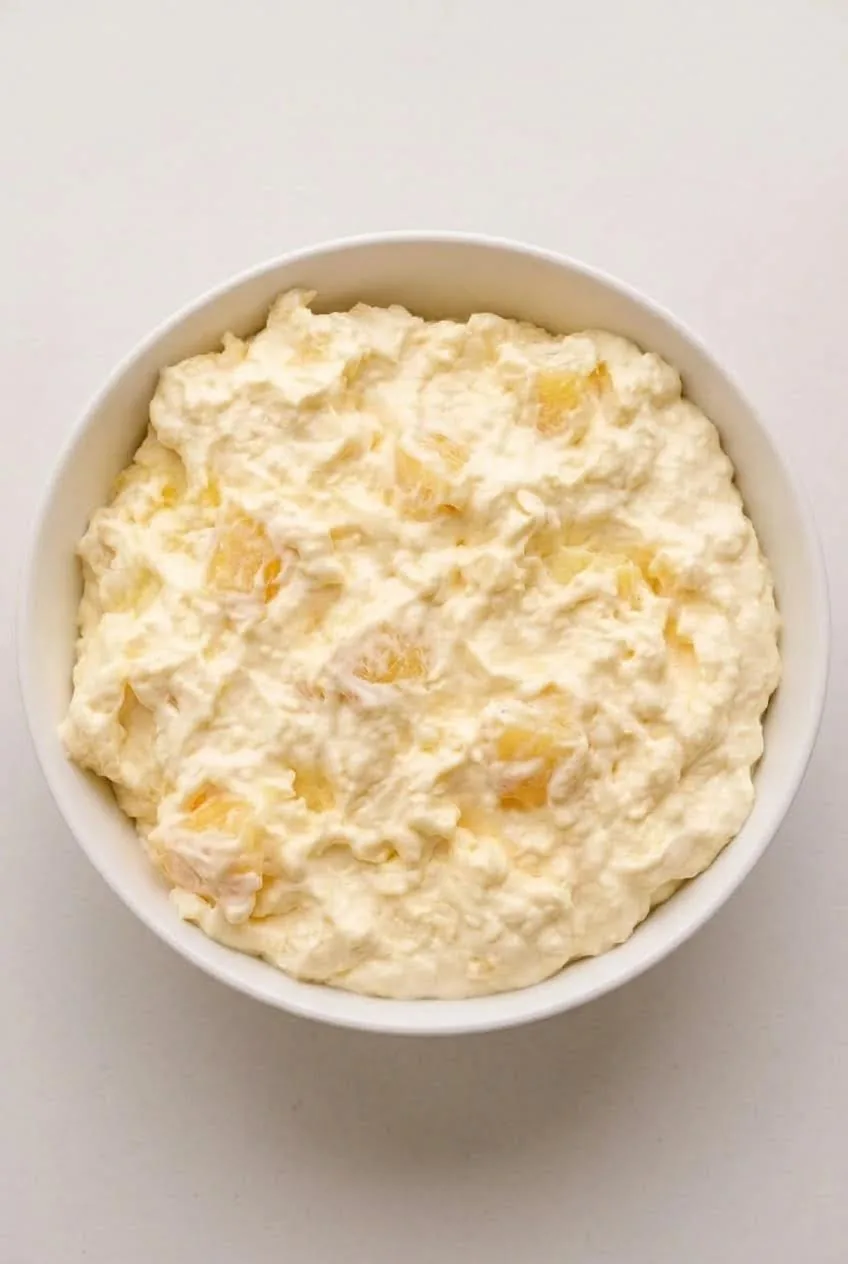 Creamy pineapple fluff in a white serving bowl
