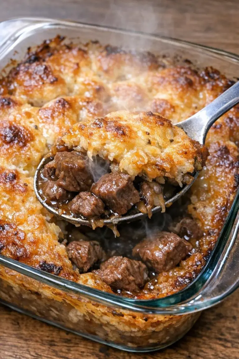 Finished oven-baked Beef Granville in a glass baking dish