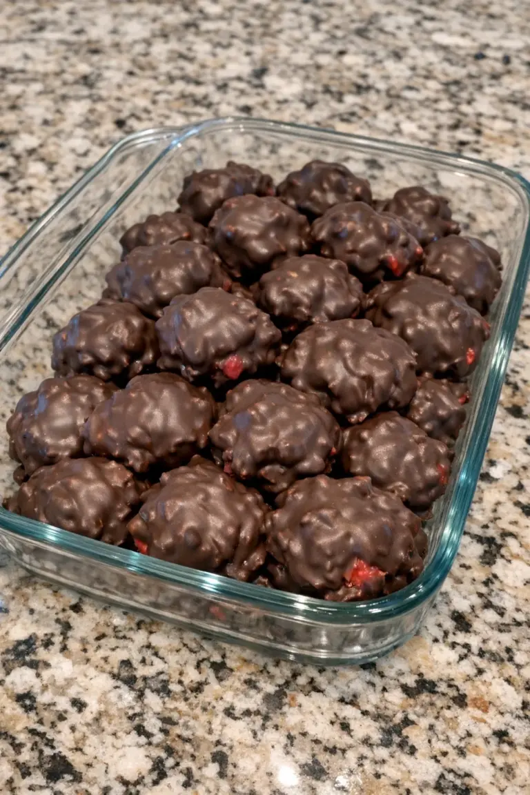 Chocolate-covered strawberry yogurt clusters on a serving plate