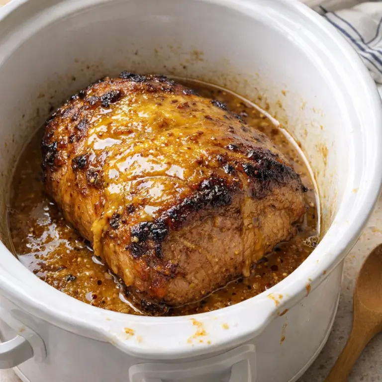 Honey mustard pork roast cooking in a slow cooker