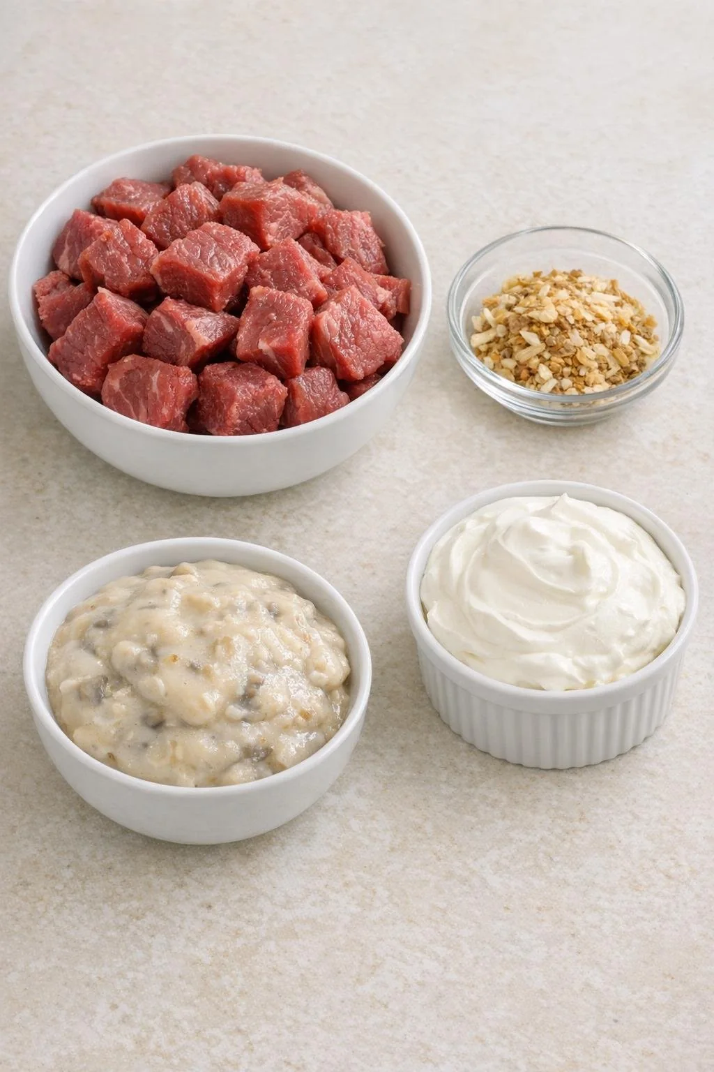 Beef, onion soup mix, cream of mushroom soup and sour cream arranged in bowls
