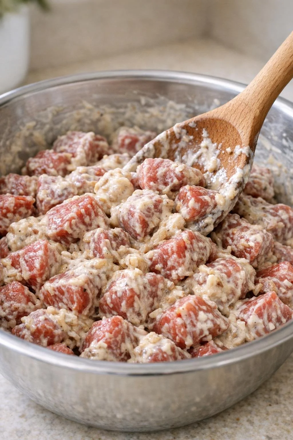 Beef pieces being mixed with the creamy mushroom sauce in a bowl