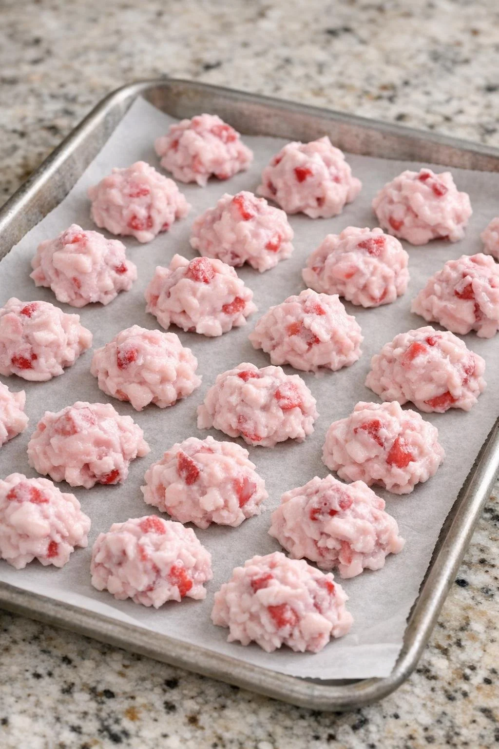 Frozen strawberry yogurt clusters on parchment paper