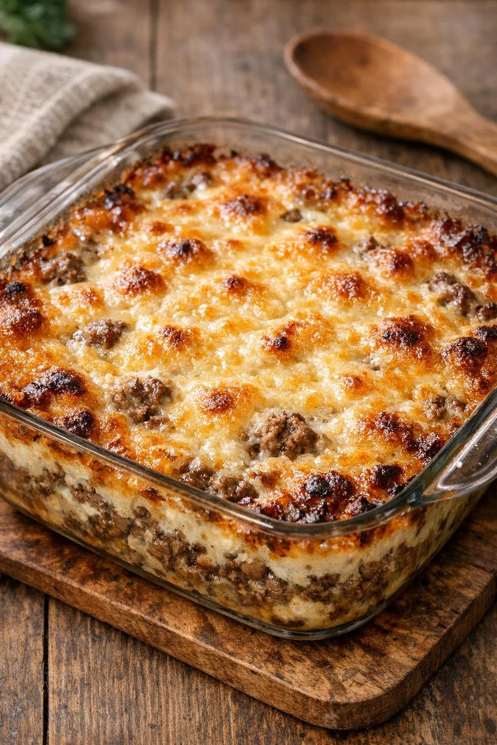 Baked Beef Granville bubbling in its glass casserole dish