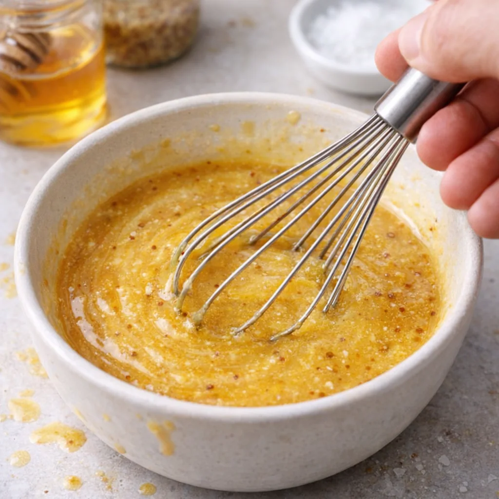 Whisking honey and mustard sauce in a bowl