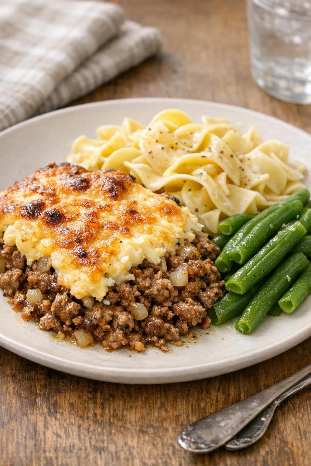 Beef Granville served with egg noodles and green beans
