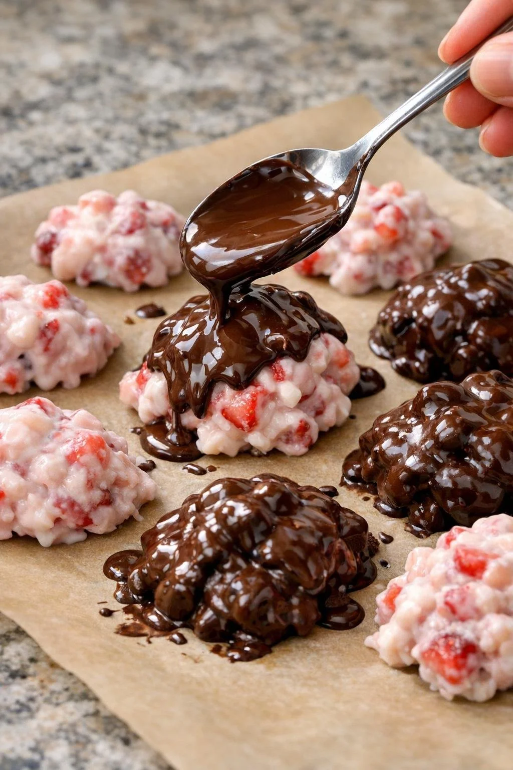 Coating frozen strawberry yogurt clusters with dark chocolate