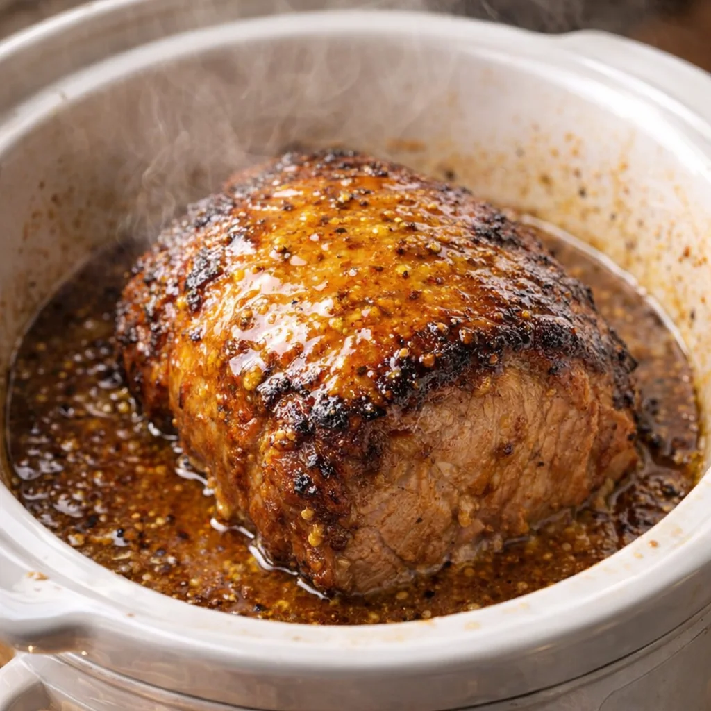 Cooked pork roast with glossy honey mustard sauce