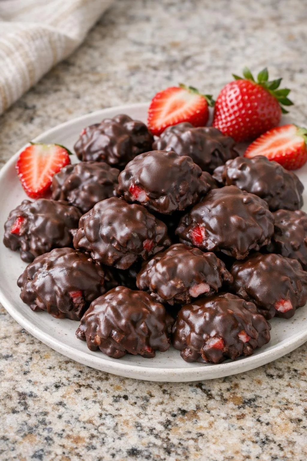 Finished chocolate-covered strawberry yogurt clusters ready to serve