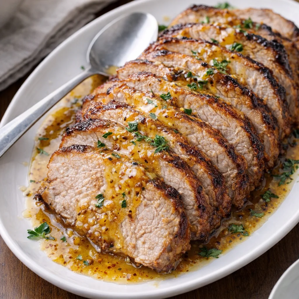 Sliced honey mustard pork on a serving platter