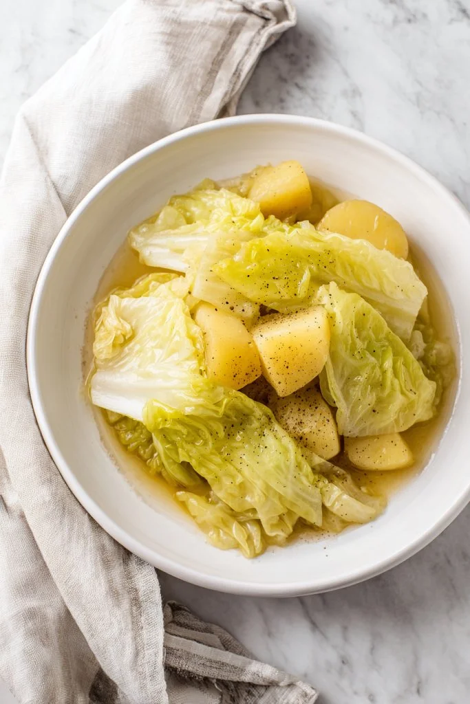 Smoked sausage casserole with cabbage and baby potatoes in a baking dish