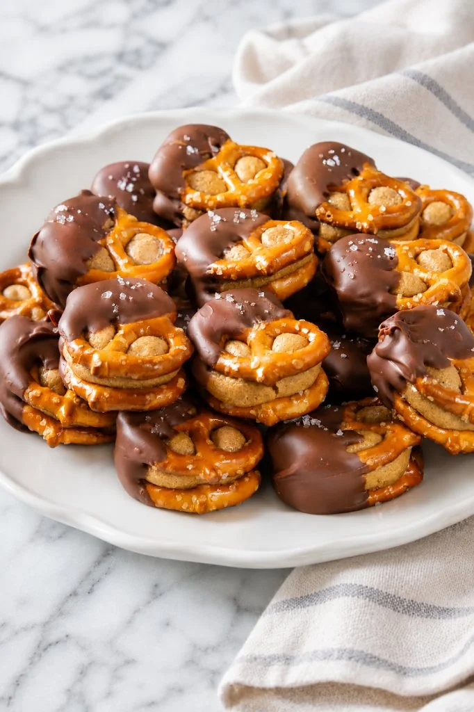 Delicious chocolate pretzels with peanut butter and honey drizzled with melted chocolate