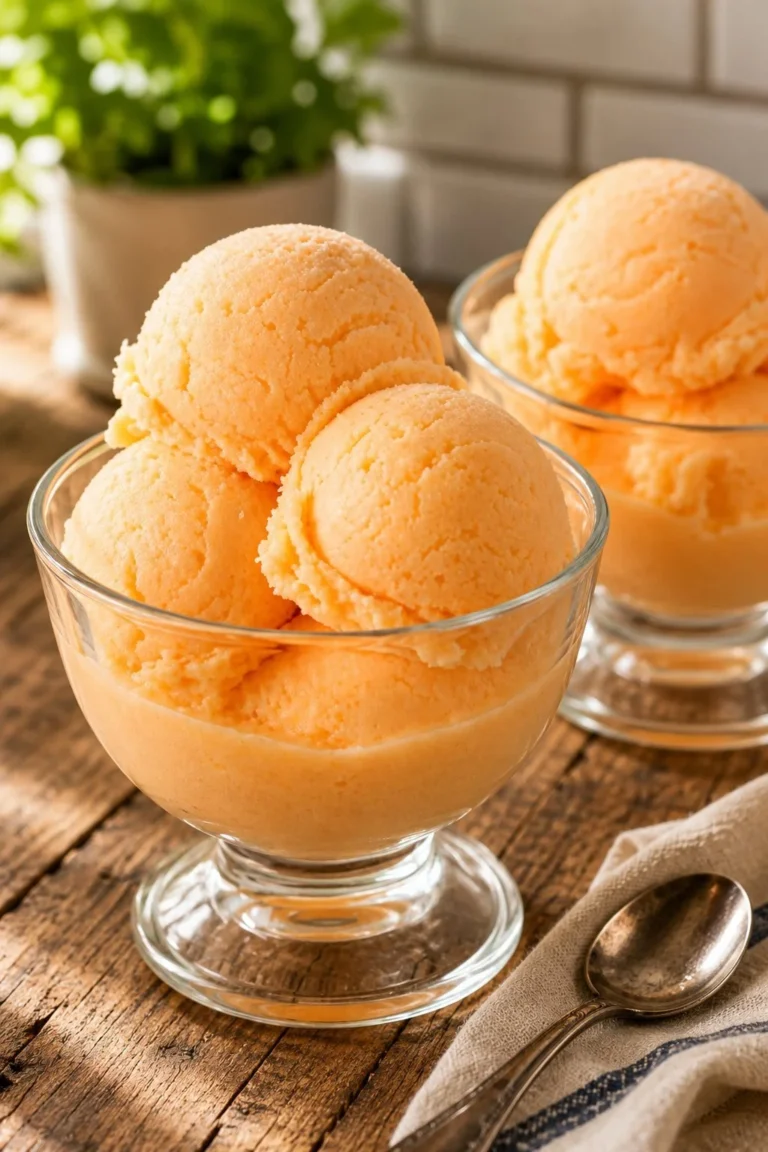 Homemade 2-ingredient orange sherbet dessert served in a bowl