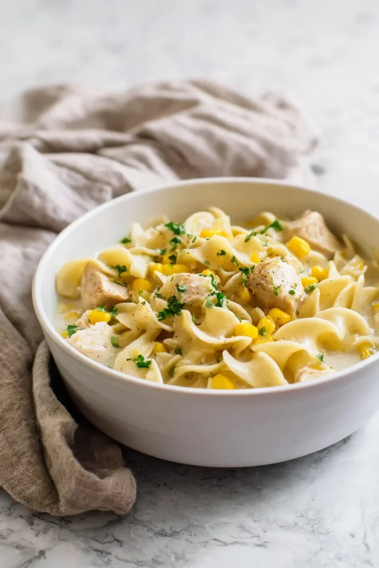Bowl of chicken noodles with corn and egg noodles