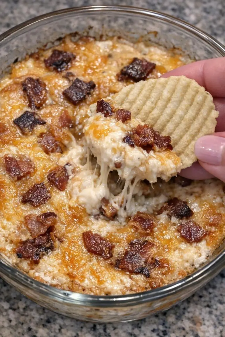 Delicious 3-Ingredient Bacon Prescott Dip served with crackers and veggies.