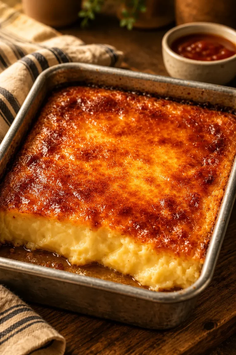 A smooth baked condensed milk custard with a creamy golden top, served chilled in a white ramekin with a spoon, showcasing its rich and silky texture.