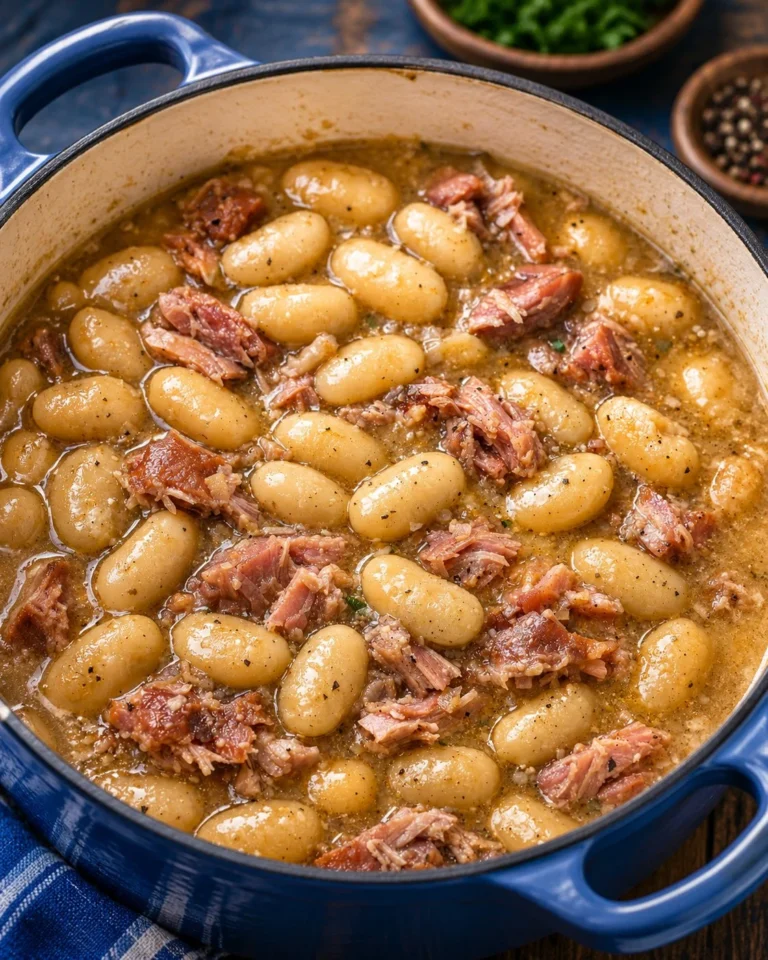 3-Ingredient butter beans and ham hock dish served in a bowl