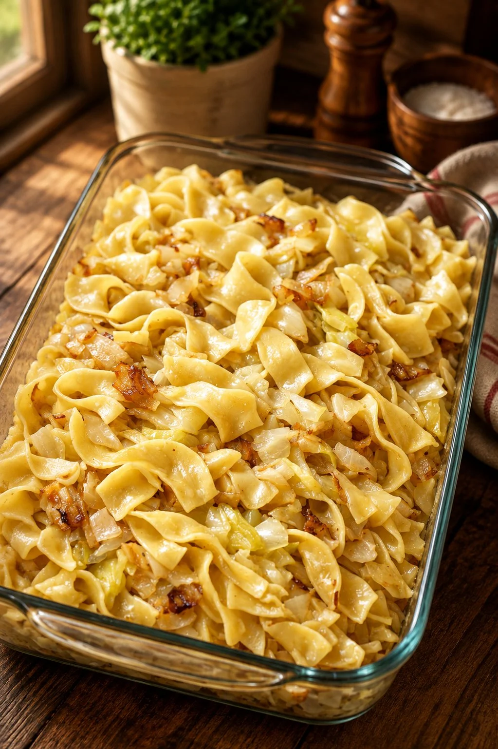 Delicious plate of 3-ingredient cabbage and egg noodles ready to serve.