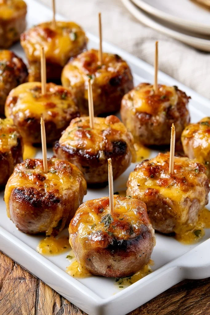 3 Ingredient Cheddar Bratwurst Bites on a serving platter