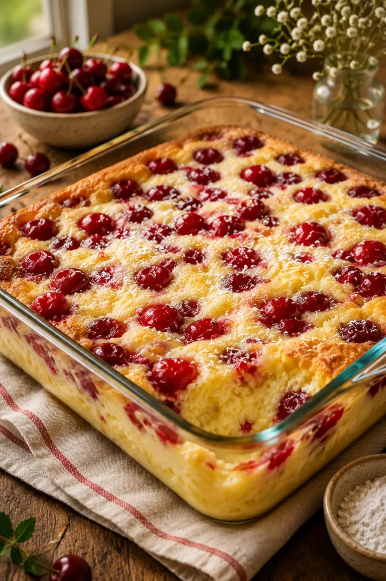 3 Ingredient Cherry Cheesecake Bars topped with sweet cherry pie filling and sliced into squares on a serving plate.
