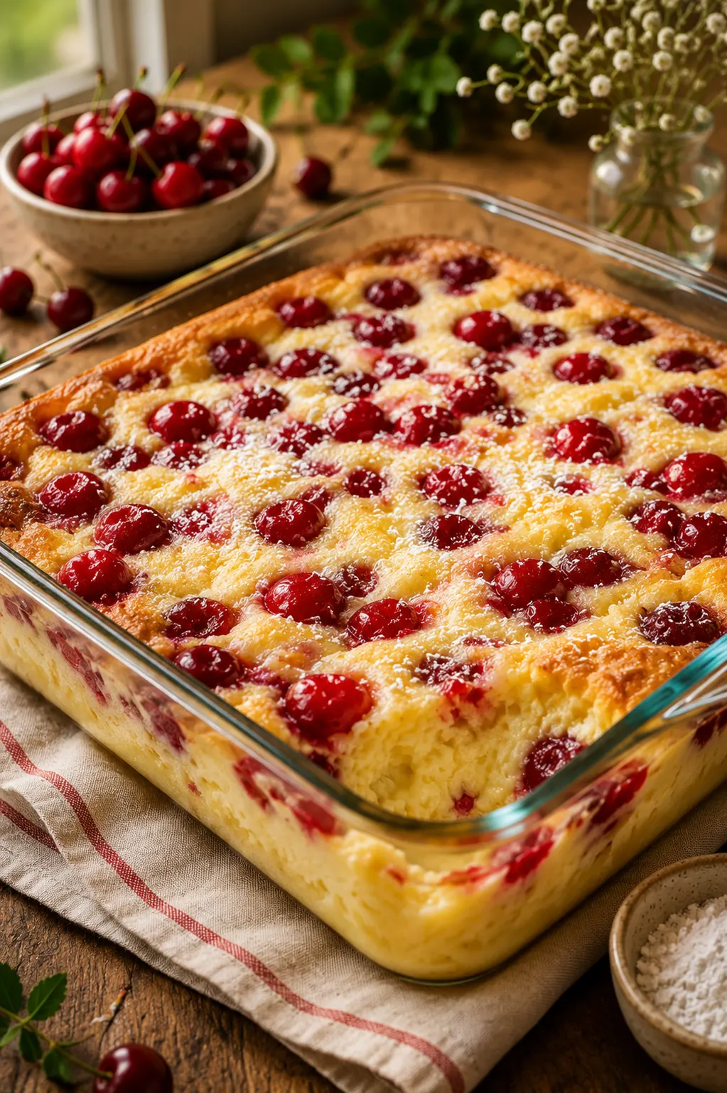 3 Ingredient Cherry Cheesecake Bars topped with sweet cherry pie filling and sliced into squares on a serving plate.