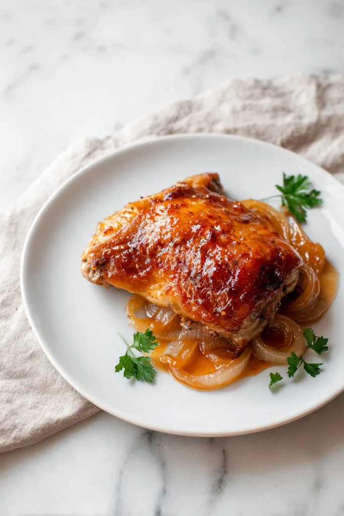 Delicious 3-ingredient Chicken Charleston plated with garnish