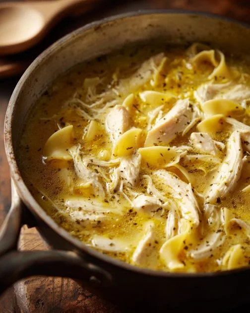 Cozy 3-ingredient chicken noodle bowls ready to be served in a bowl