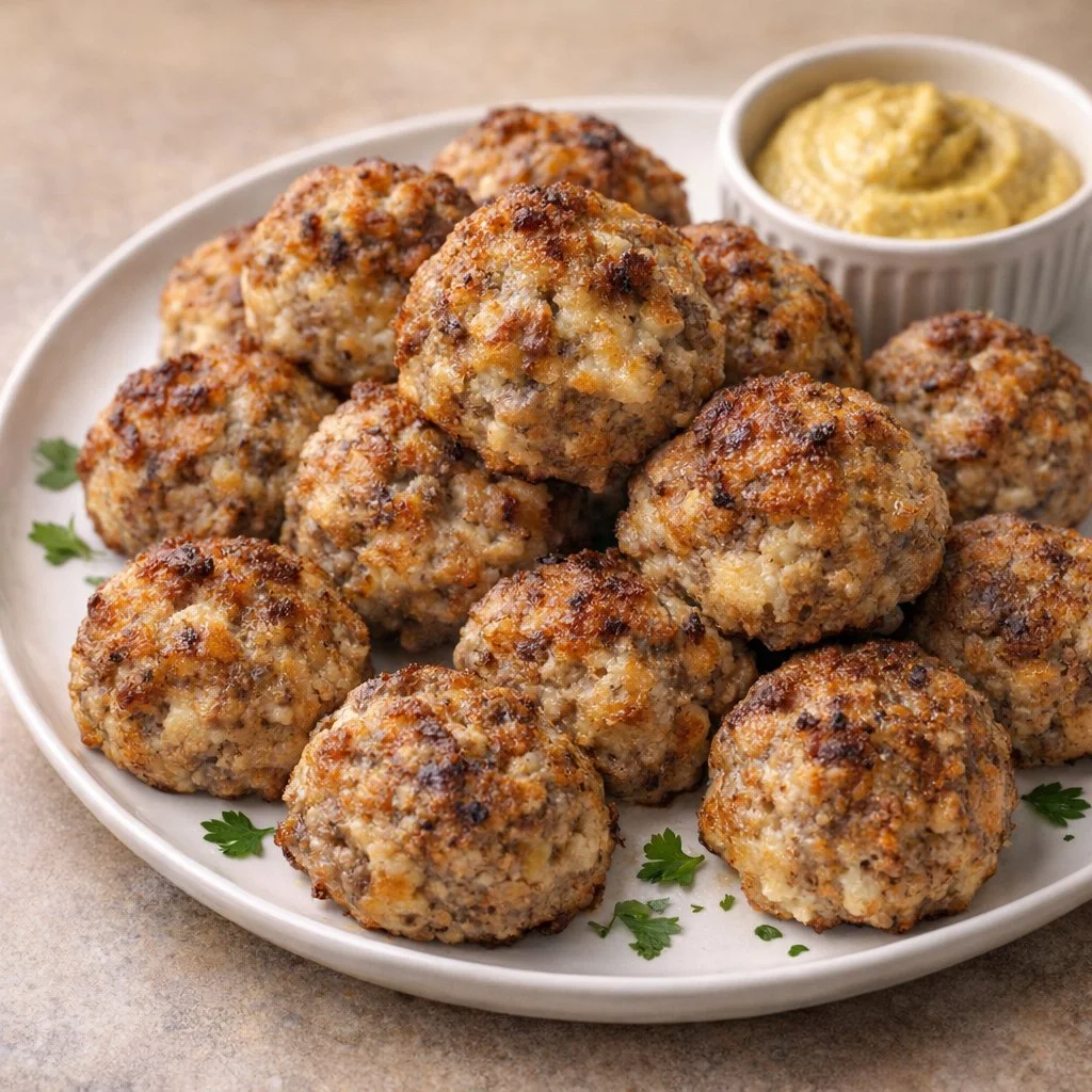 Delicious 3-Ingredient Cream Cheese Sausage Balls on a plate