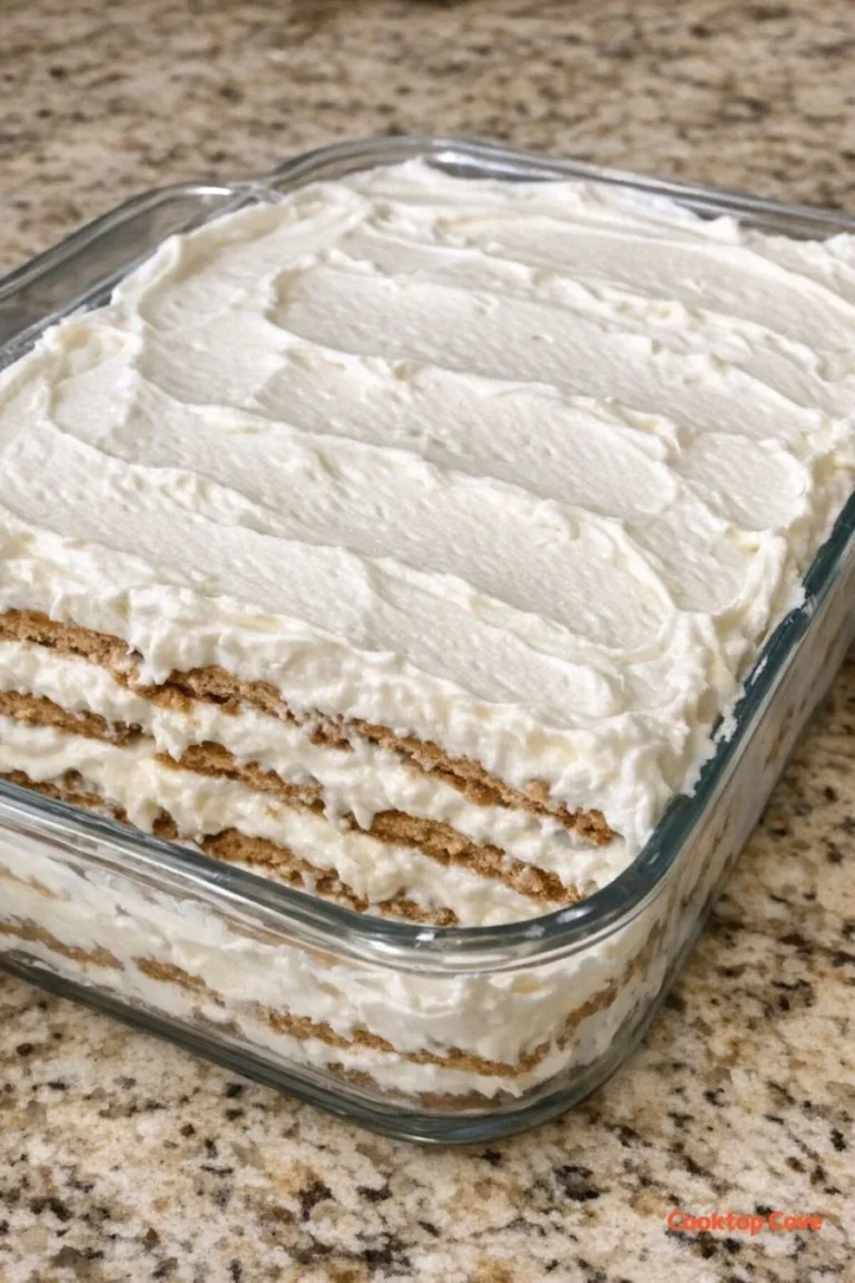3-Ingredient Depression Era Icebox Cake with layers of cream and chocolate.