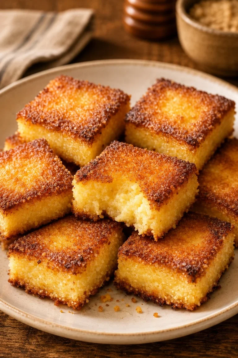 Plate of crispy fried cornmeal mush garnished with herbs