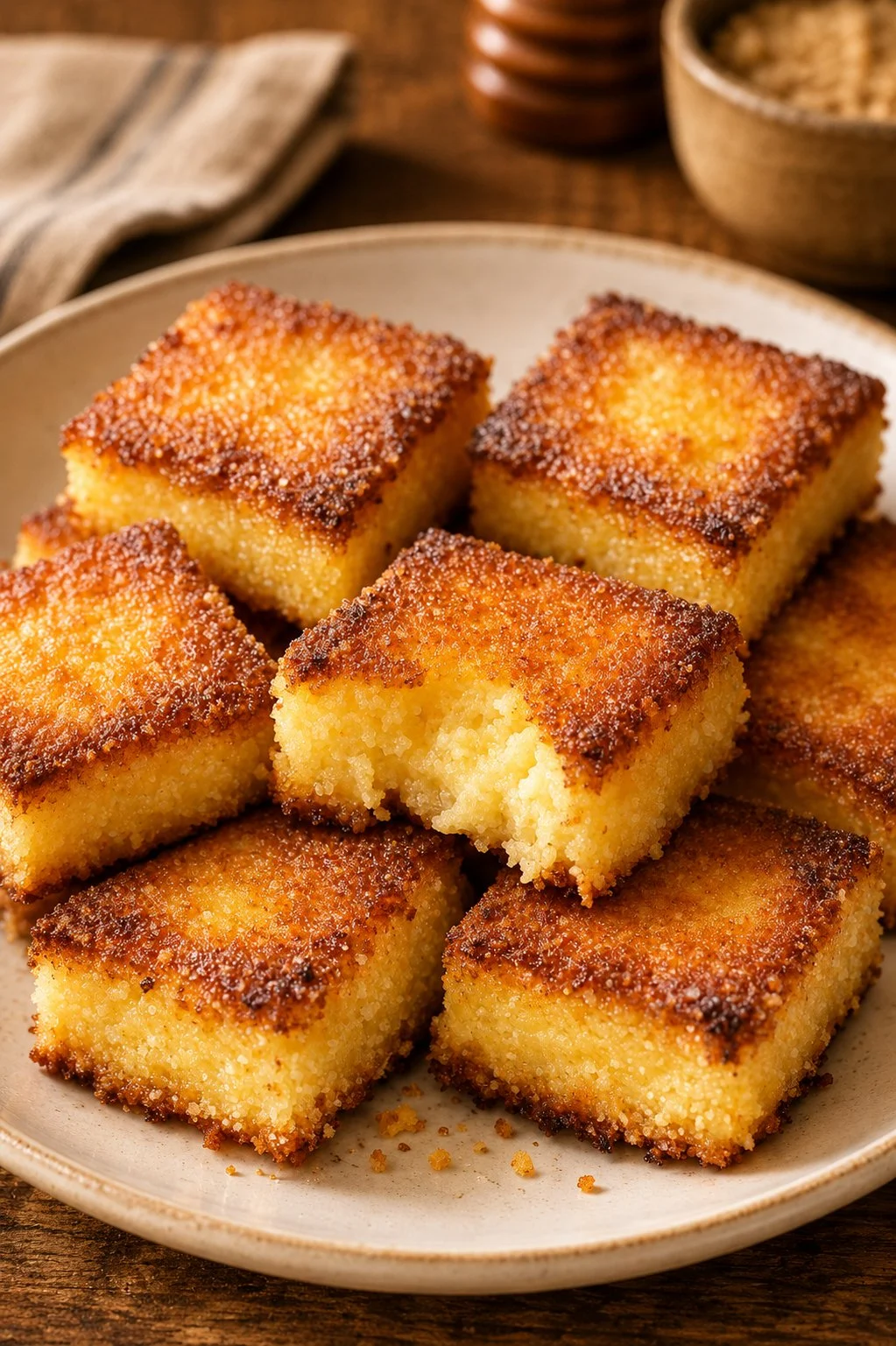 Plate of crispy fried cornmeal mush garnished with herbs
