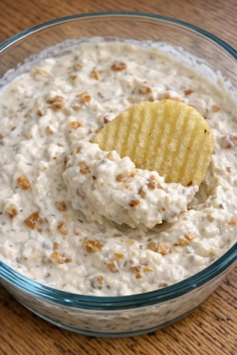 Creamy 3-Ingredient Onion Overton Dip served in a bowl with fresh veggies