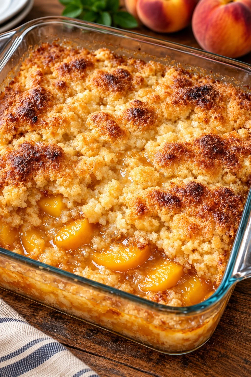 Easy 3-Ingredient Peach Cobbler recipe with fresh peaches and simple ingredients.
