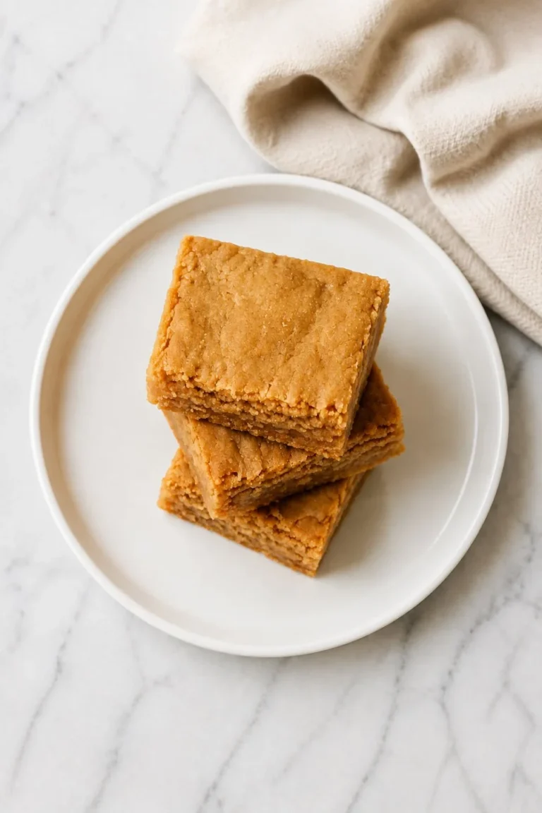 3-ingredient peanut butter blondies on a plate ready to serve