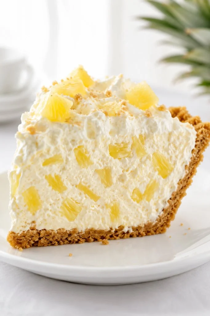 3-Ingredient Pineapple Fluff Pie topped with whipped cream and pineapple chunks