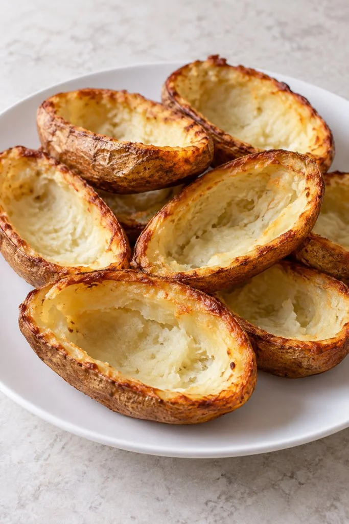 Plate of 3-ingredient potato half shells ready to serve