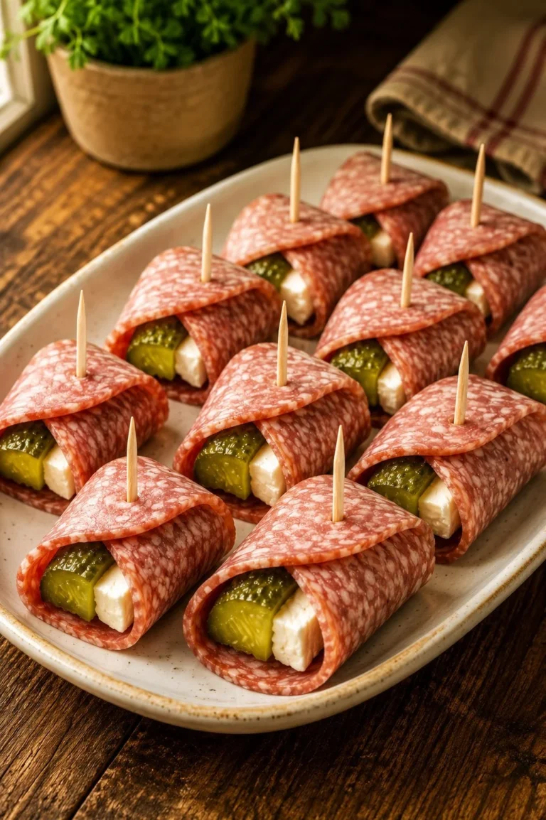 3-Ingredient salami pickle bites appetizer on a serving platter