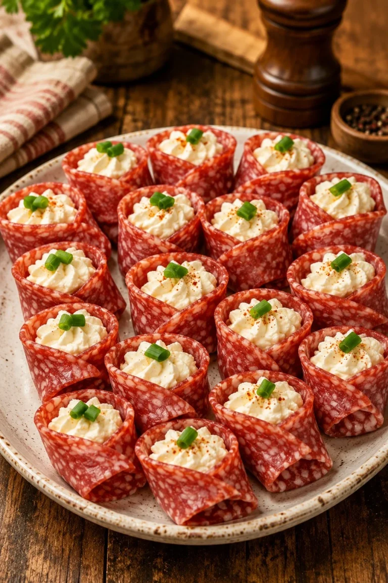Three-ingredient salami roll-ups on a plate garnished with herbs