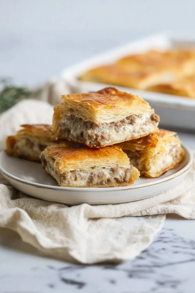 3 ingredient sausage squares recipe made with sausage, cheese, and pastry.