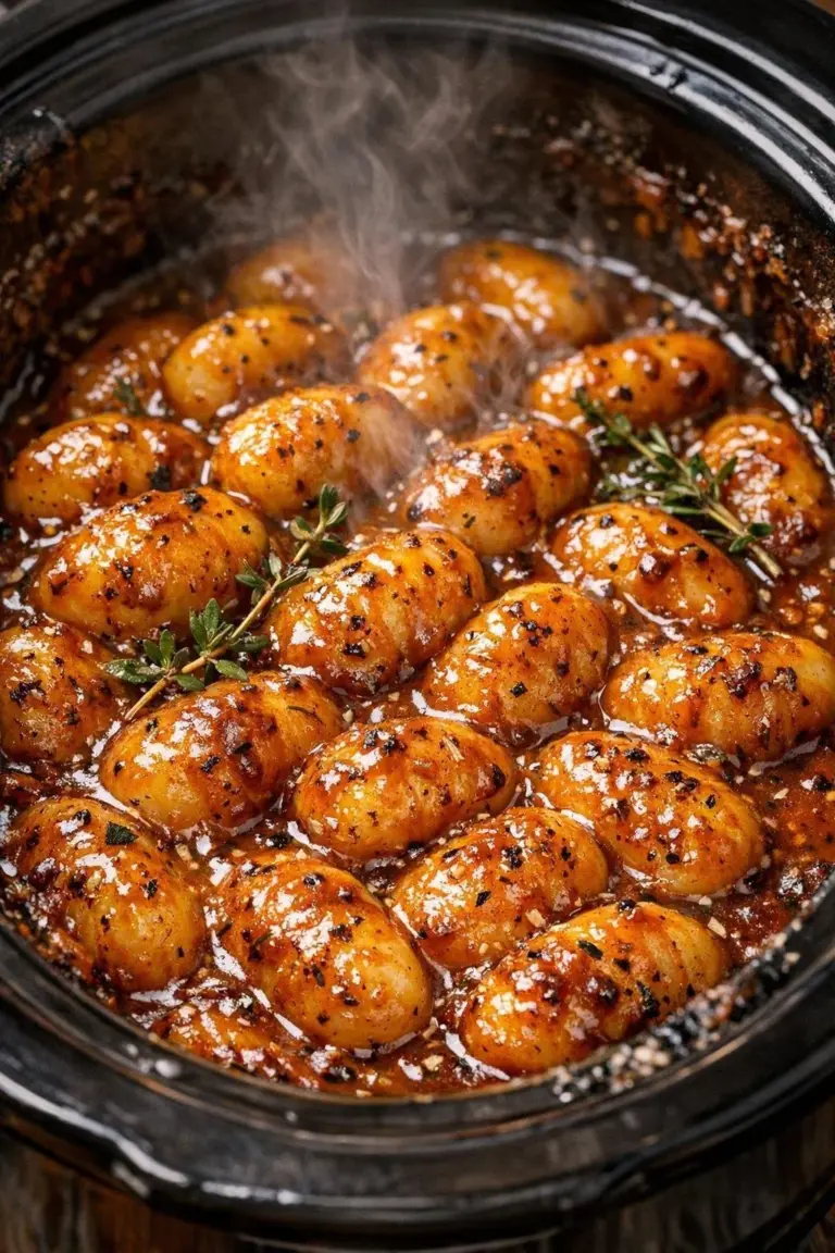 Bowl of creamy 3-ingredient slow cooker gnocchi with herbs and cheese.