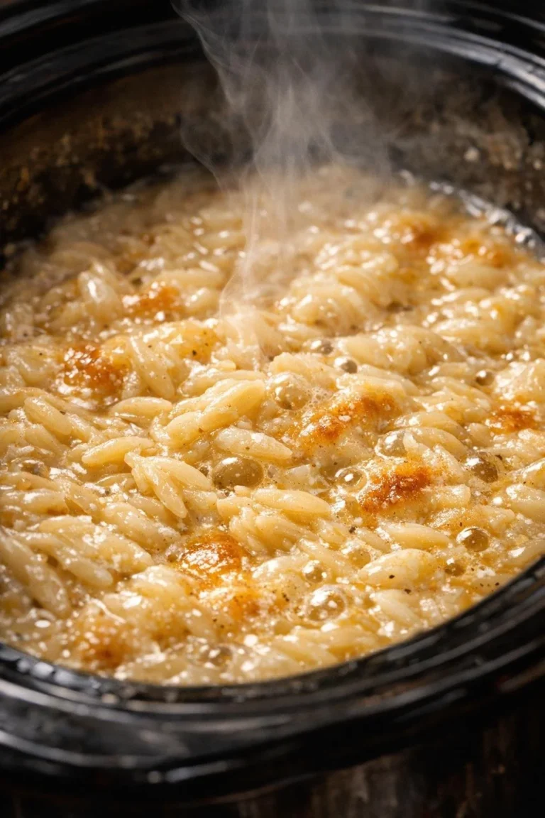 A bowl of creamy slow cooker orzo with three simple ingredients.