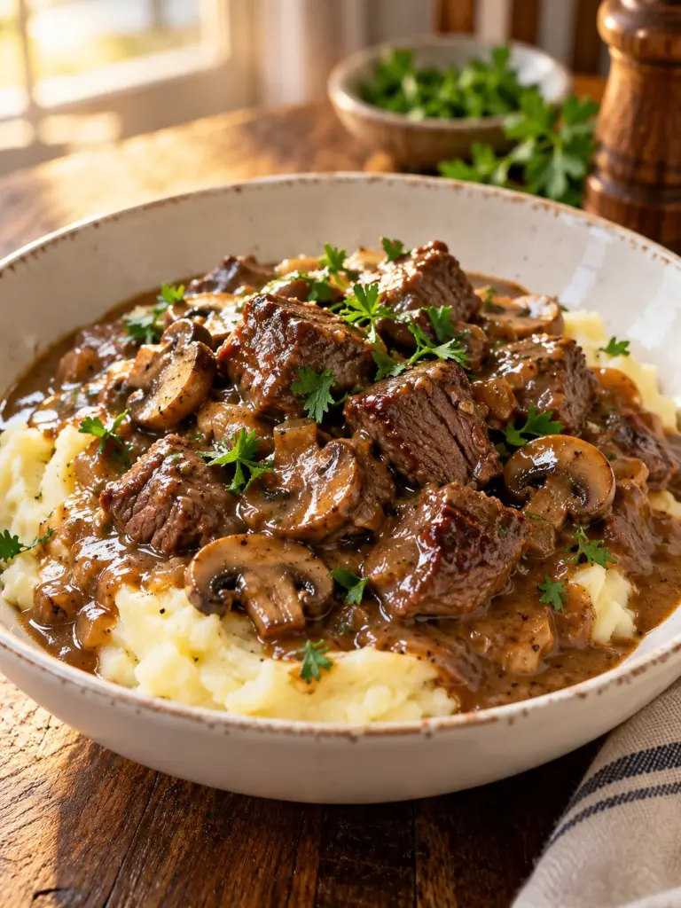 Sirloin beef tips in brown mushroom gravy served over mashed potatoes
