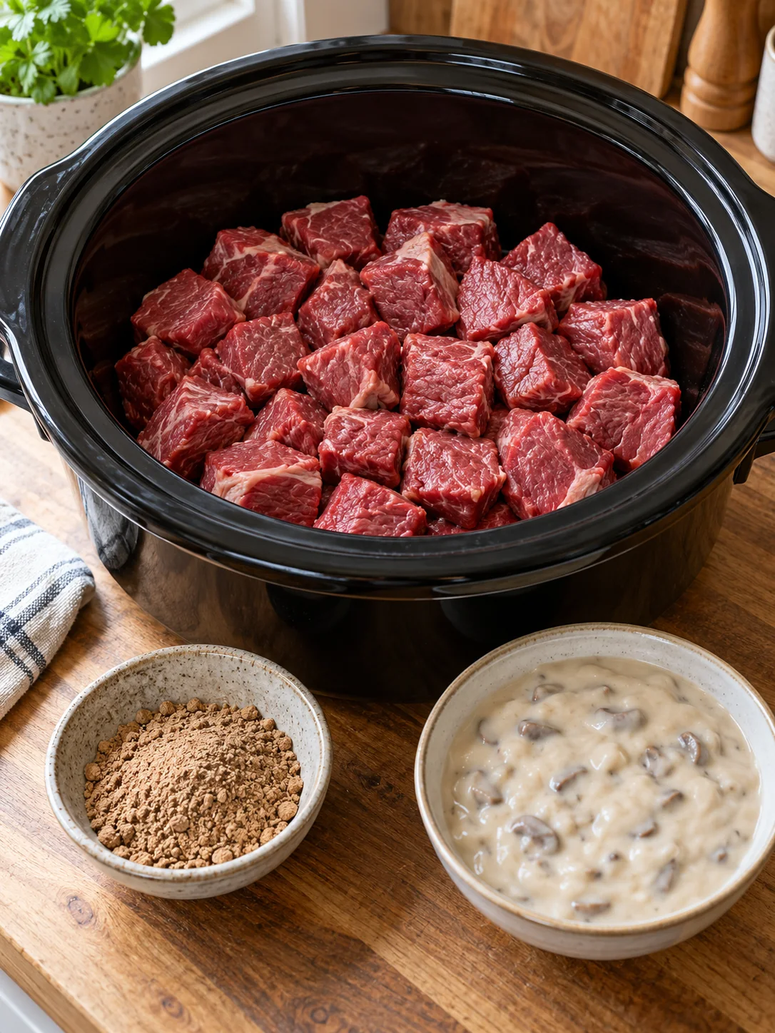 Raw sirloin cubes in a black slow cooker with gravy mix and mushroom soup