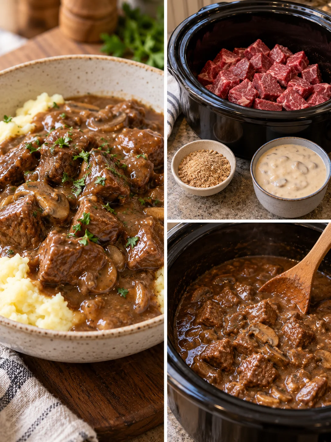 Beef tips recipe from raw sirloin through slow cooking to serving