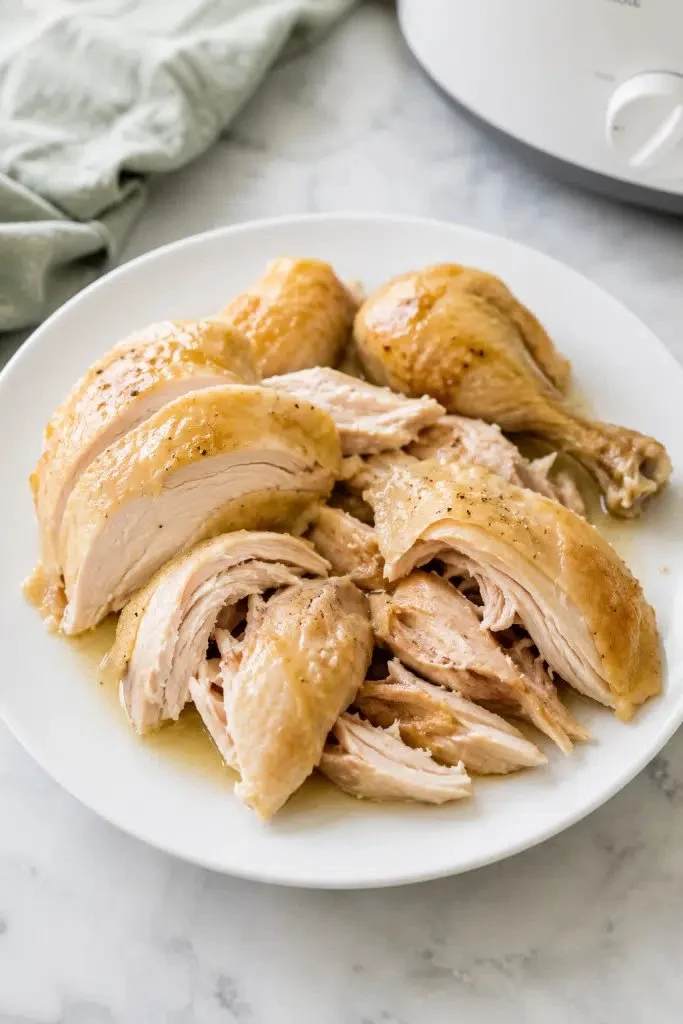 Slow cooker whole chicken with herbs and spices served on a plate