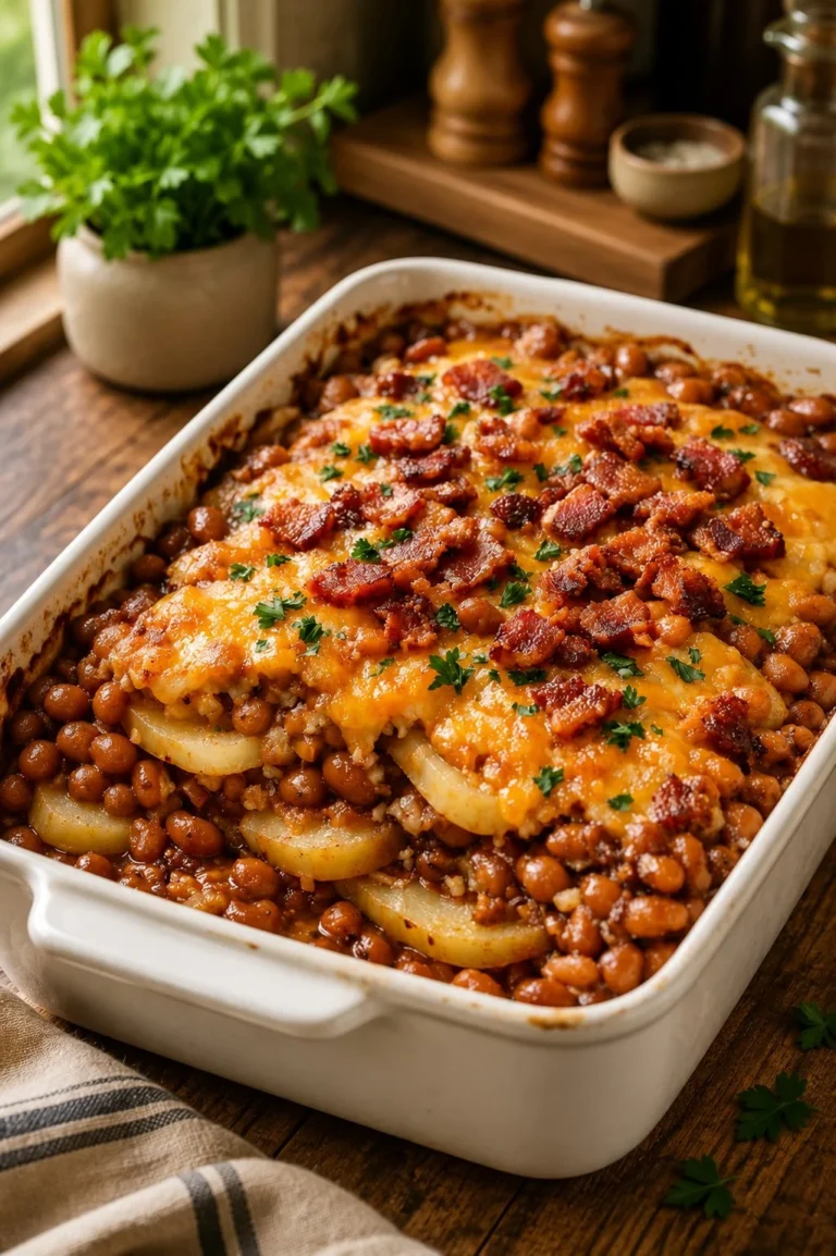 Delicious 4-Ingredient Amish Baked Bean Potato Casserole in a baking dish