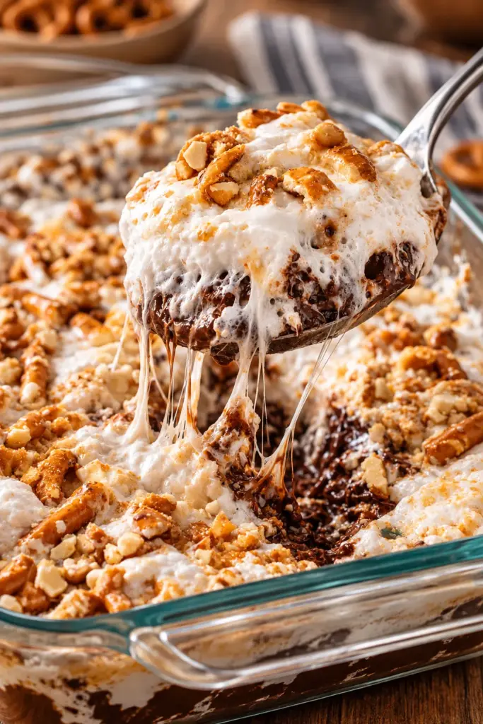 4-Ingredient Baked Marshmallow Fluff Dessert in a glass baking dish
