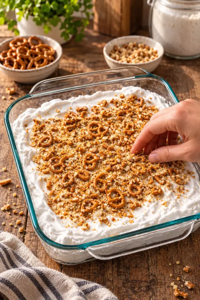4-Ingredient Baked Marshmallow Fluff Dessert in a glass baking dish